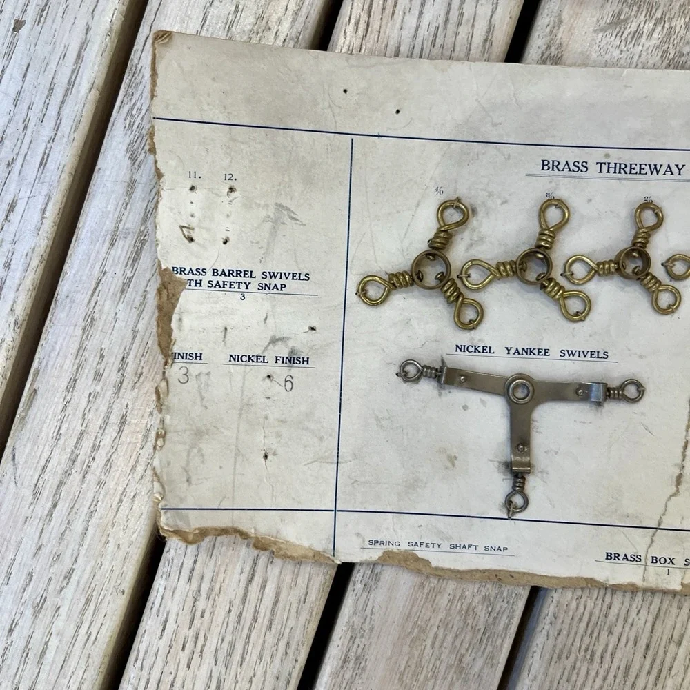 Vtg Fishing Tackle Store Rack Card Brass Threeway Nickel Yankee Swivels AS IS